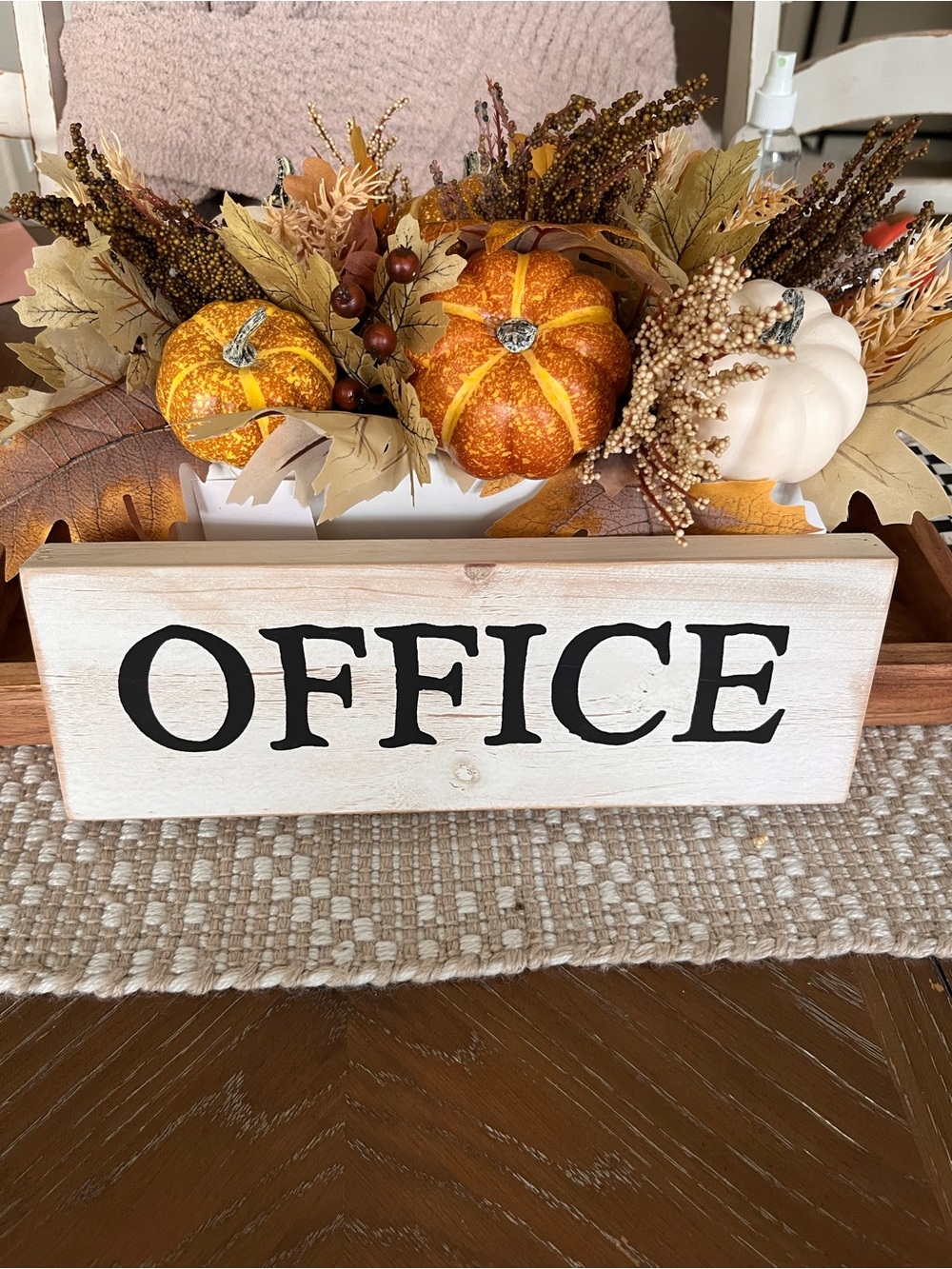 Rustic White 'Office' Wooden Desk Sign with Fall Accents